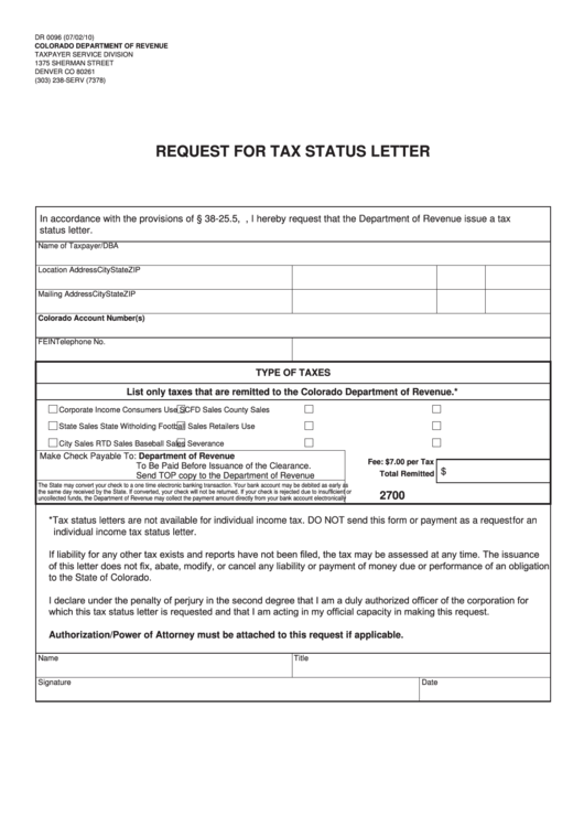 Form Dr 0096 - Request For Tax Status Letter - Colorado Department Of Revenue Printable pdf