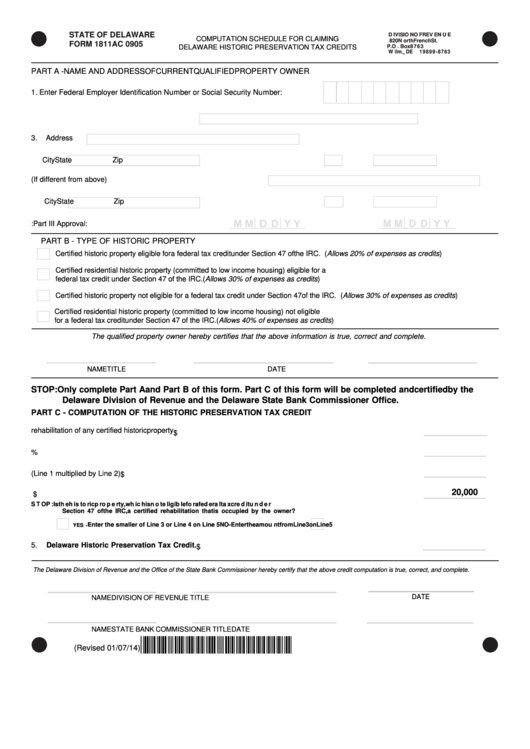 Form 1811ac - Computation Schedule For Claiming Delaware Historic Preservation Tax Credits Printable pdf