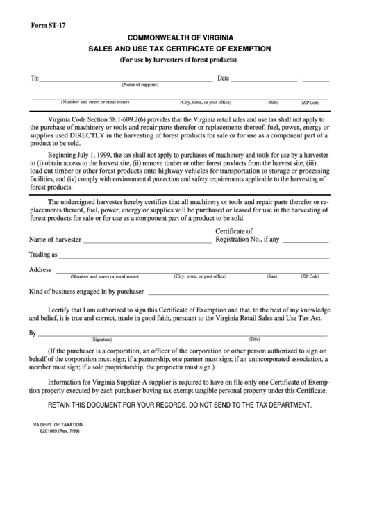 Fillable Form St-17 - Commonwealth Of Virginia Sales And Use Tax Certificate Of Exemption Printable pdf