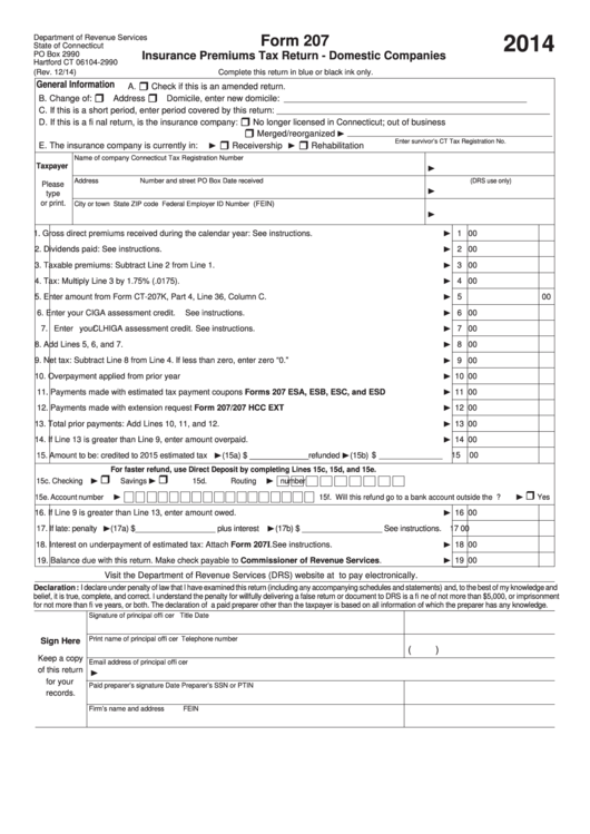 Form 207 - Insurance Premiums Tax Return - Domestic Companies - 2014 Printable pdf