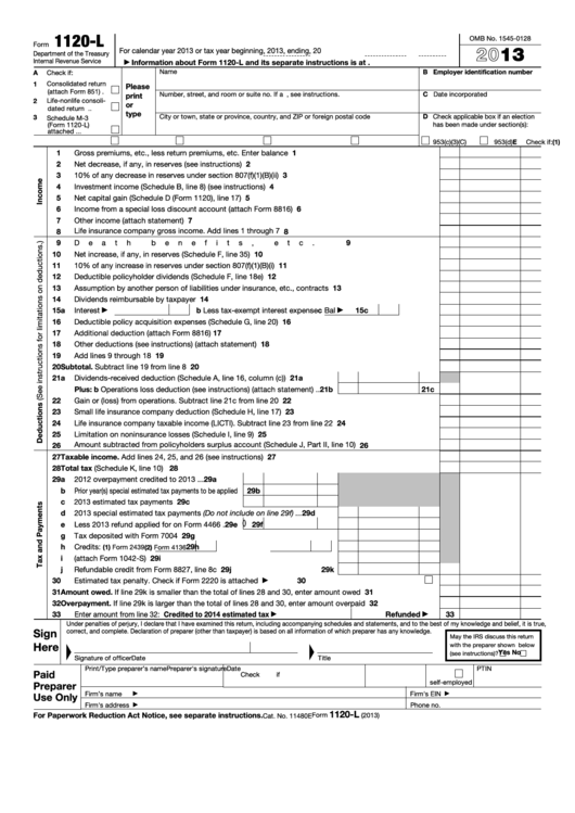 Form 1120-l - U.s. Life Insurance Company Income Tax Return - Department Of Treasury - 2013