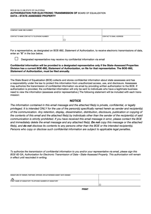 Fillable Form Boe-82-Sa - Authorization For Electronic Transmission Of Data - State-Assessed Property - 2008 Printable pdf