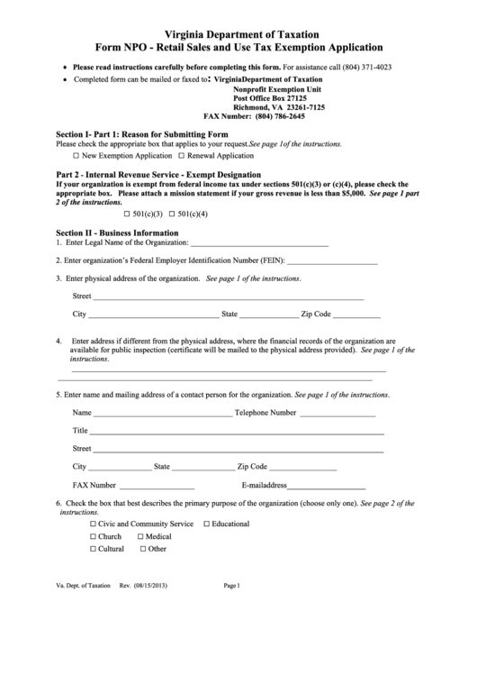 Fillable Form Npo - Retail Sales And Use Tax Exemption Application Printable pdf