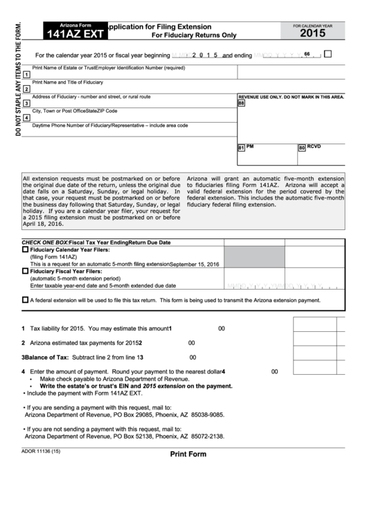 Fillable Arizona Form 141az Ext - Application For Filing Extension For Fiduciary Returns Only - 2015 Printable pdf