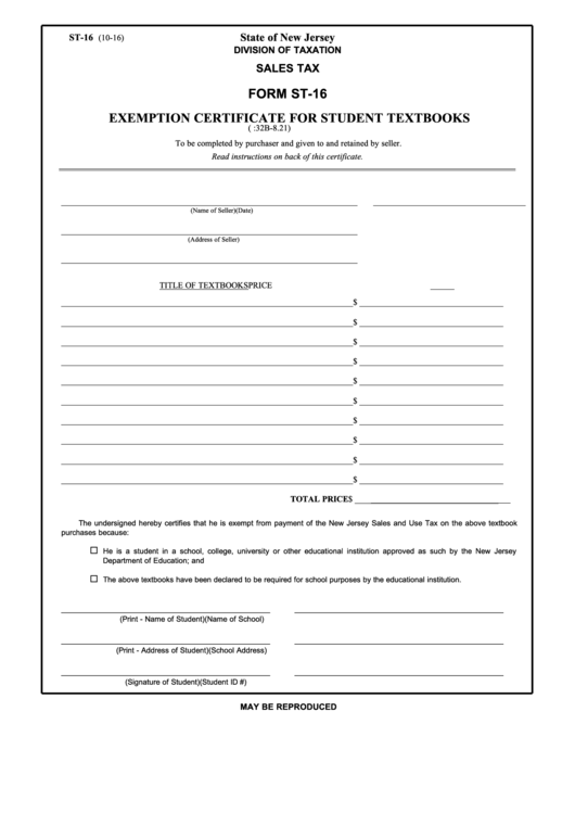 Fillable Form St-16 - Exemption Certificate For Student Textbooks - Sales Tax - New Jersey Division Of Taxation Printable pdf