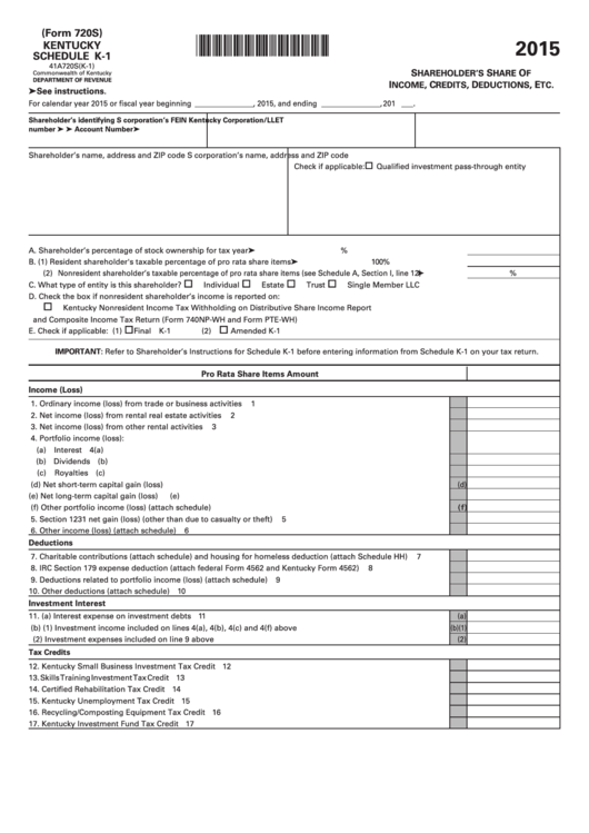Fillable Schedule K-1 (Form 720s) - State Form 41a720s(K-1) - Shareholder