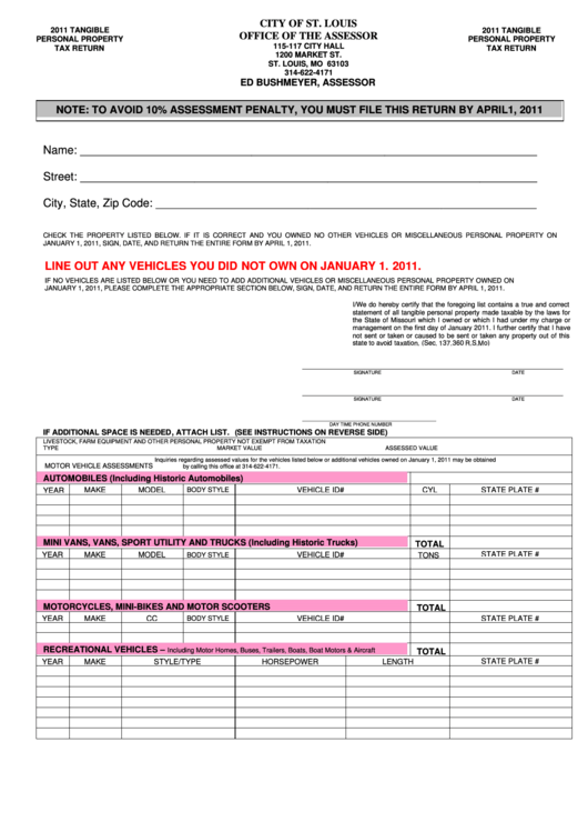 Tangible Personal Property Tax Return Form - City Of St. Louis - 2011 Printable pdf
