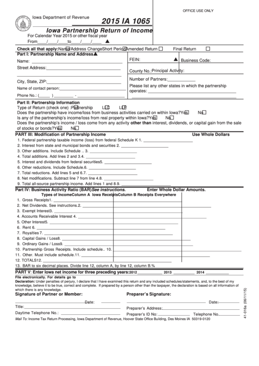 Fillable Form Ia 1065 - Iowa Partnership Return Of Income - 2015 Printable pdf