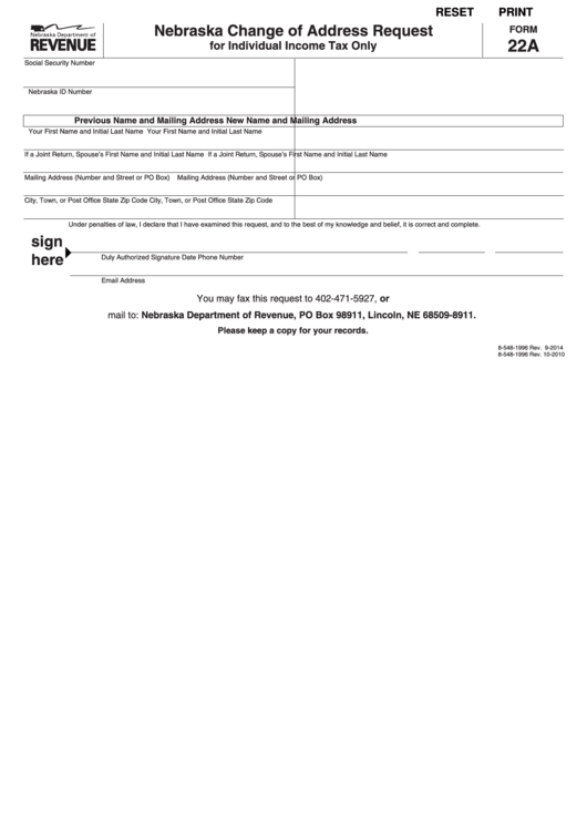 Fillable Form 22a - Nebraska Change Of Address Request Printable pdf