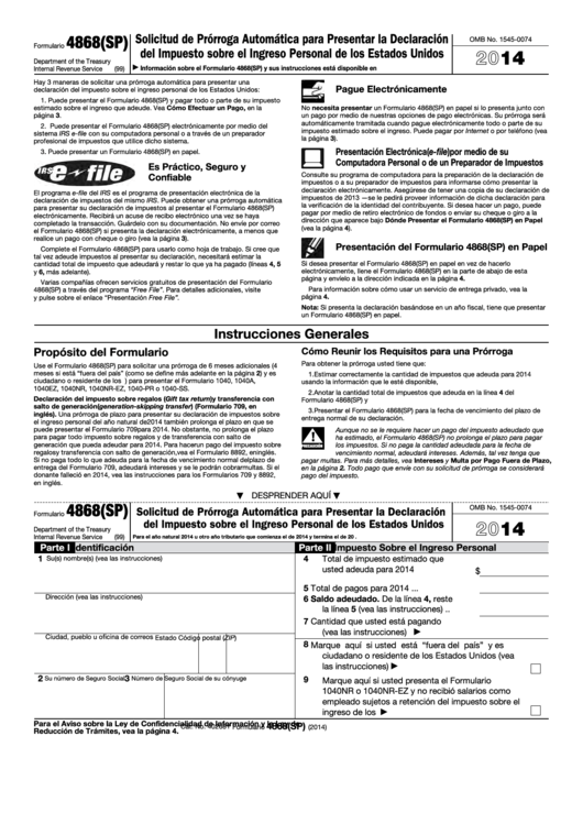 Formulario 4868(sp) - Solicitud De Prorroga Automatica Para Presentar La Declaracion Del Impuesto Sobre El Ingreso Personal De Los Estados Unidos - 2014