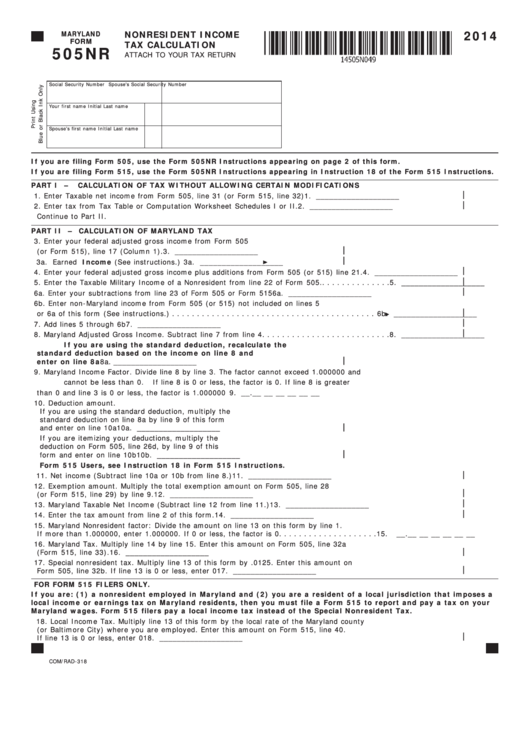 Fillable Maryland Form 505nr - Nonresident Income Tax Calculation - 2014 Printable pdf