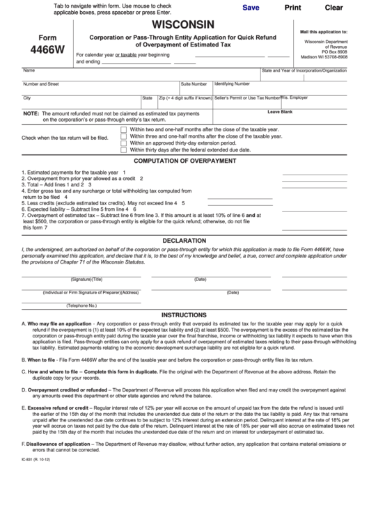 Fillable Form 4466w - Corporation Or Pass-Through Entity Application For Quick Refund Of Overpayment Of Estimated Tax Printable pdf