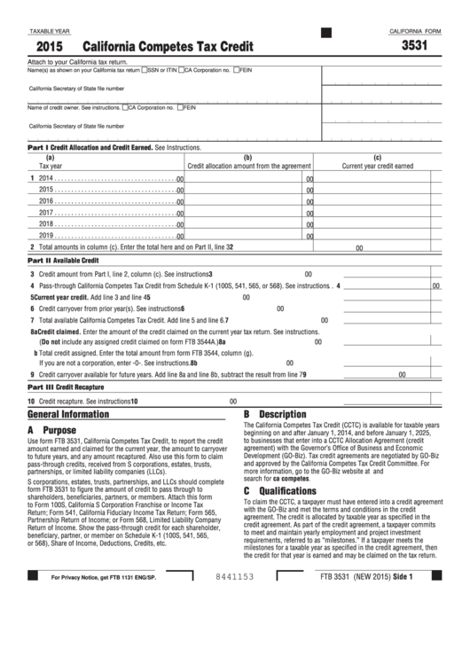 Fillable Form 3531 - California Competes Tax Credit - 2015 Printable pdf