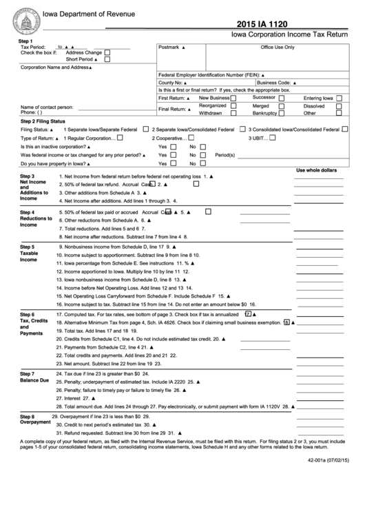 Fillable Form Ia 1120 - Iowa Corporation Income Tax Return - 2015 Printable pdf