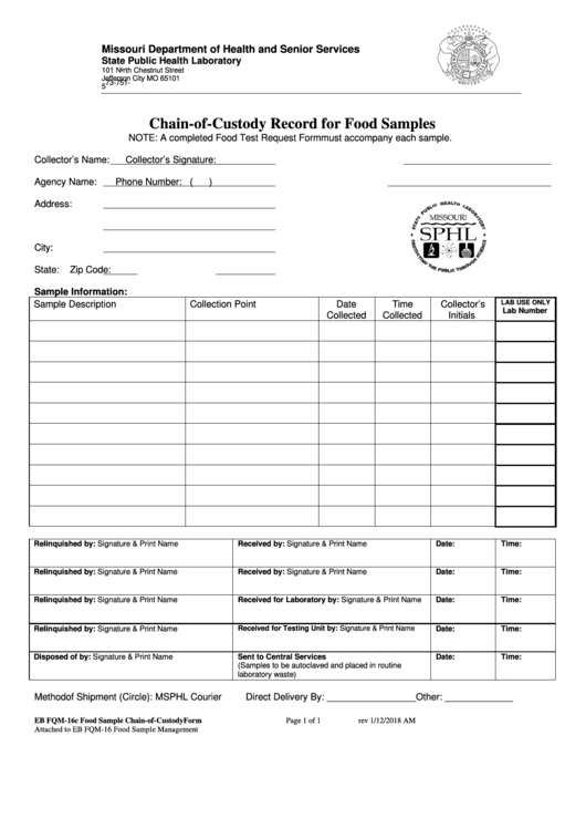 Form Eb Fqm-16c - Chain-Of-Custody Record For Food Samples - Missouri Department Of Health And Senior Services Printable pdf