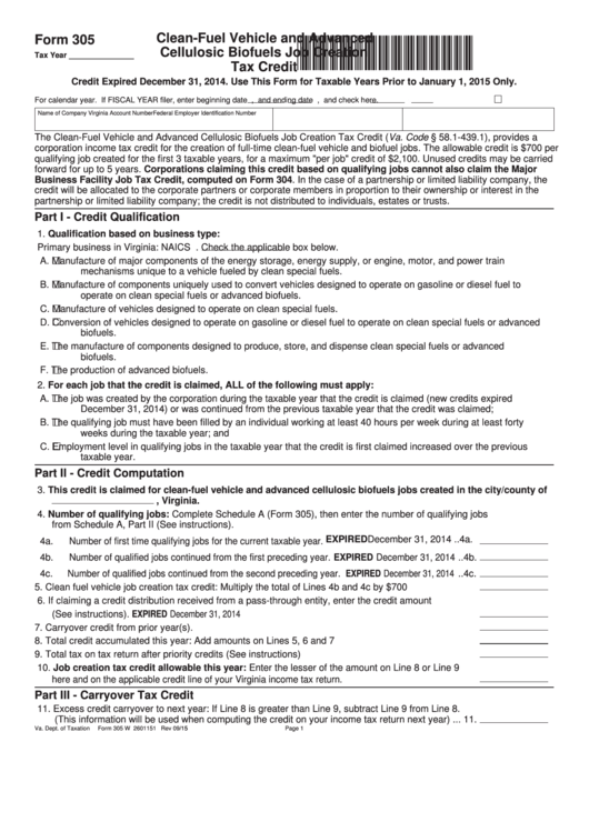 Fillable Form 305 - Virginia Clean-Fuel Vehicle And Advanced Cellulosic Biofuels Job Creation Tax Credit Printable pdf
