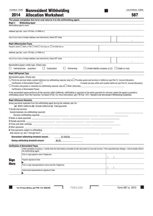 Fillable California Form 587 - Nonresident Withholding Allocation Worksheet - 2014 Printable pdf