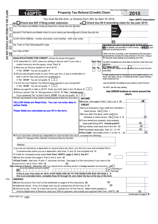 Fillable Arizona Form 140ptc - Property Tax Refund (Credit) Claim - 2015 Printable pdf