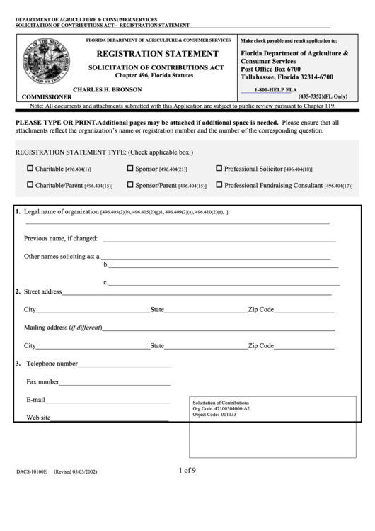 Form Dacs-10100e - Registration Statement - Florida Department Of Agriculture & Consumer Services Printable pdf