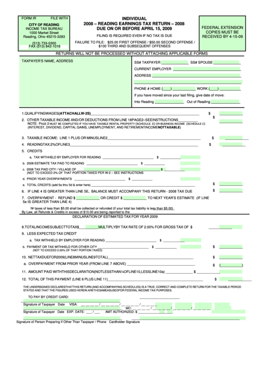 Form Ir - Individual Reading Earnings Tax Return - 2008 Printable pdf