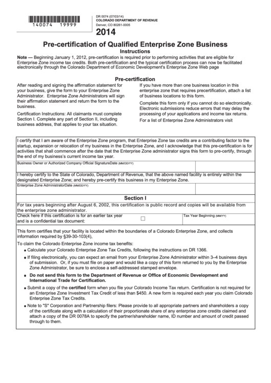 Fillable Form Dr 0074 - Pre-Certification Of Qualified Enterprise Zone Business - 2014 Printable pdf