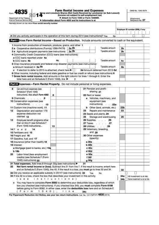 Fillable Form 4835 - Farm Rental Income And Expenses - 2014 Printable pdf