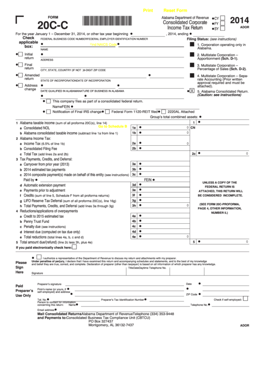 Form 20c-c - Alabama Consolidated Corporate Income Tax Return - 2014