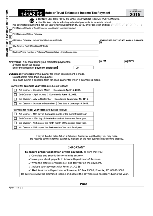 Fillable Arizona Form 141az Es - Estate Or Trust Estimated Income Tax Payment - 2015 Printable pdf