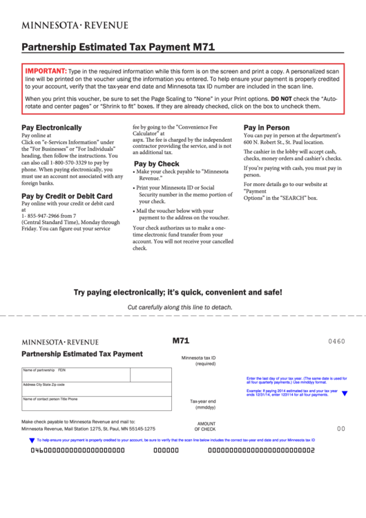 Fillable Form M71 - Partnership Estimated Tax Payment - Minnesota Department Of Revenue Printable pdf