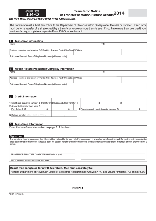 Fillable Form 334-O - Arizona Transferor Notice Of Transfer Of Motion Picture Credits - 2014 Printable pdf