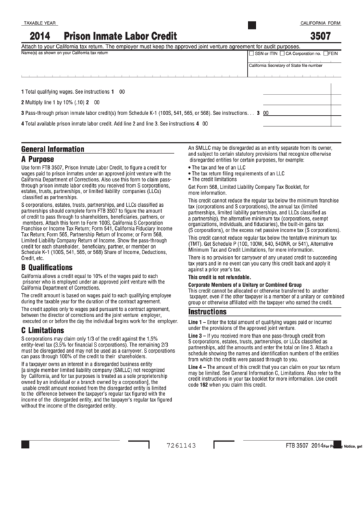 Form 3507 - California Prison Inmate Labor Credit - 2014 Printable pdf