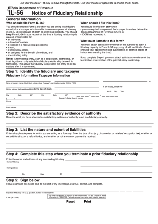 Fillable Form Il-56 - Illinois Notice Of Fiduciary Relationship Printable pdf