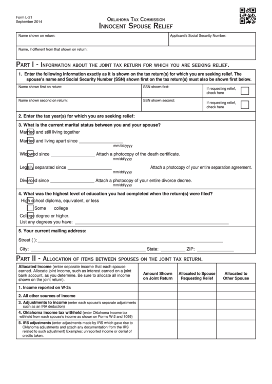 Fillable Form L-21 - Innocent Spouse Relief - Oklahoma Tax Commission Printable pdf