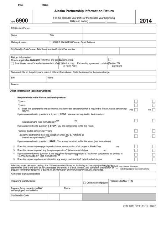 Fillable Form 6900 - Alaska Partnership Information Return - 2014 Printable pdf