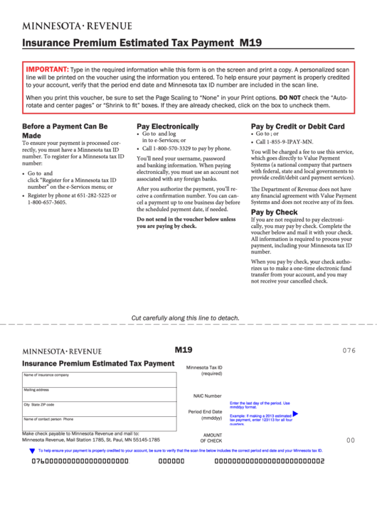 Fillable Form M19 - Insurance Premium Estimated Tax Payment - Minnesota Department Of Revenue Printable pdf