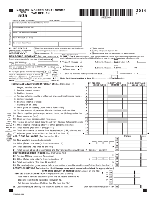 Fillable Maryland Form 505 - Nonresident Income Tax Return - 2014 Printable pdf