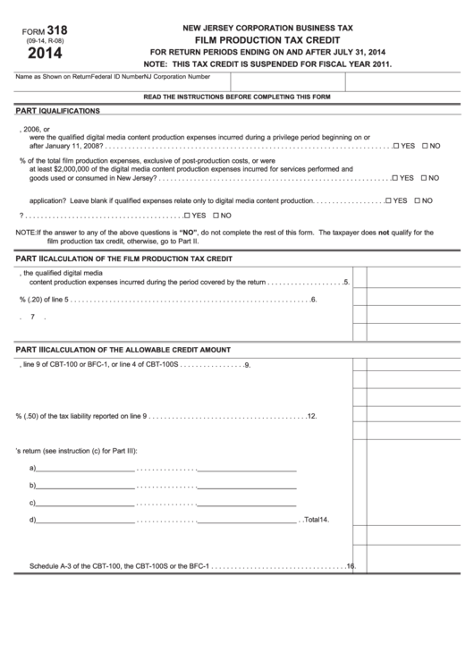 Fillable Form 318 - Film Production Tax Credit - New Jersey Corporation Business Tax - 2014 Printable pdf