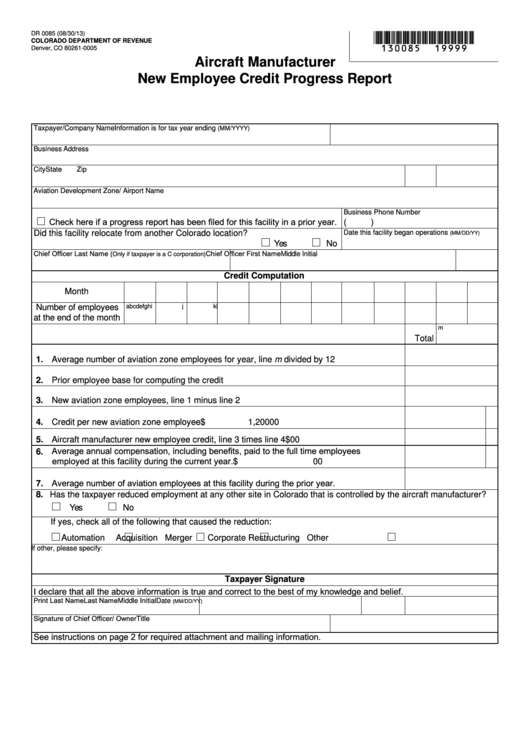 Fillable Form Dr 0085 - Aircraft Manufacturer New Employee Credit Progress Report - Colorado Department Of Revenue Printable pdf