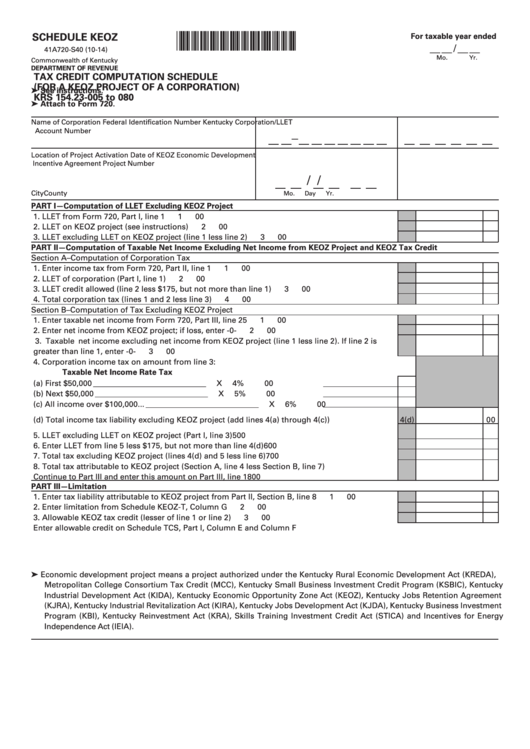 Schedule Keoz - Tax Credit Computation - Kentucky Department Of Revenue Printable pdf
