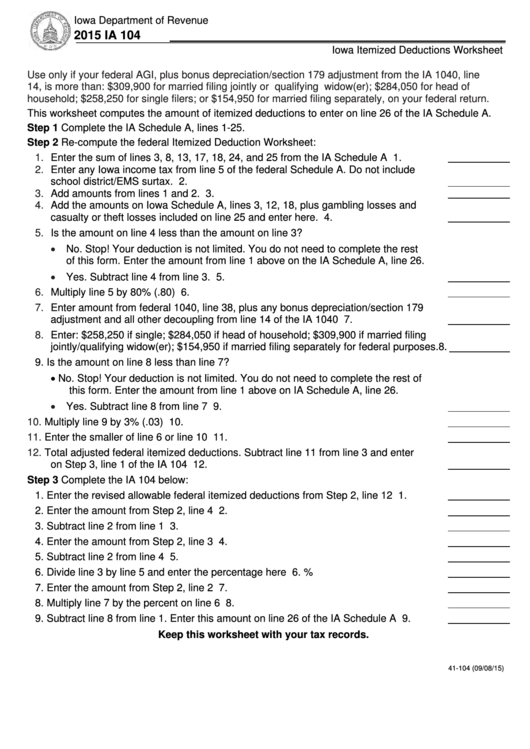 Form Ia 104 - Iowa Itemized Deductions Worksheet - 2015 Printable pdf