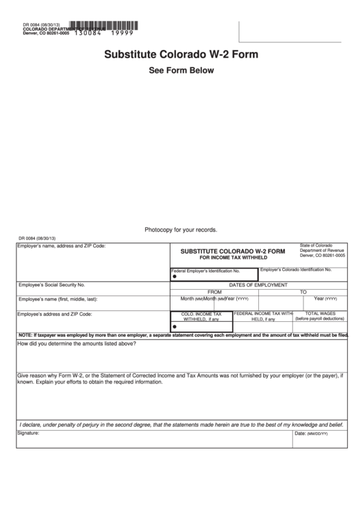Fillable Form Dr 0084 - Substitute Colorado W-2 Form For Income Tax Withheld- Colorado Department Of Revenue Printable pdf