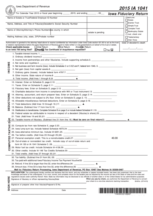 Fillable Form Ia 1041 - Iowa Fiduciary Return - 2015 Printable pdf