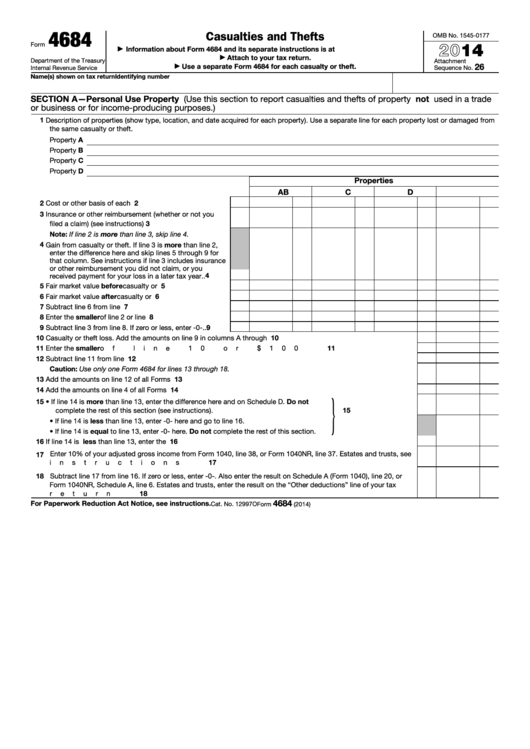 Fillable Form 4684 - Casualties And Thefts - 2014 Printable pdf