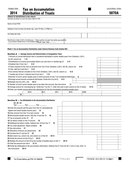 California Form 5870a - California Form 5870a - 2014 Printable pdf