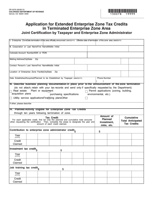 Fillable Form Dr 0078 - Application For Extended Enterprise Zone Tax Credits - Colorado Department Of Revenue Printable pdf