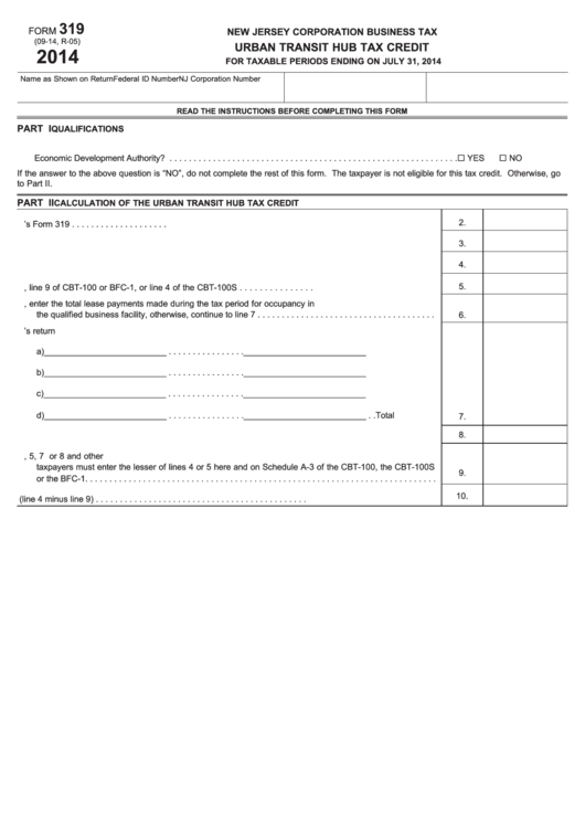 Fillable Form 319 - Urban Transit Hub Tax Credit - New Jersey Corporation Business Tax - 2014 Printable pdf