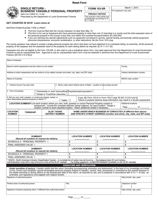 Fillable Form 103-Sr - Single Return - Business Tangible Personal Property - 2010 Printable pdf