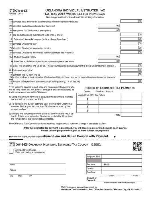 Fillable Form Ow-8-Es - Worksheet For Individuals - Oklahoma Individual Estimated Tax - 2015 Printable pdf
