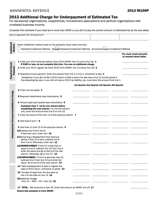 Fillable Form M15np - Additional Charge For Underpayment Of Estimated Tax - Minnesota Department Of Revenue - 2013 Printable pdf