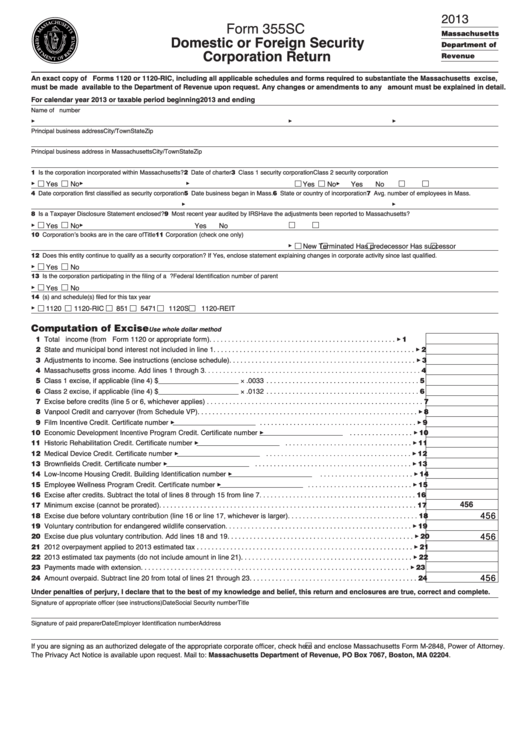 Fillable Form 355sc - Domestic Or Foreign Security Corporation Return - Massachusetts Department Of Revenue - 2013 Printable pdf
